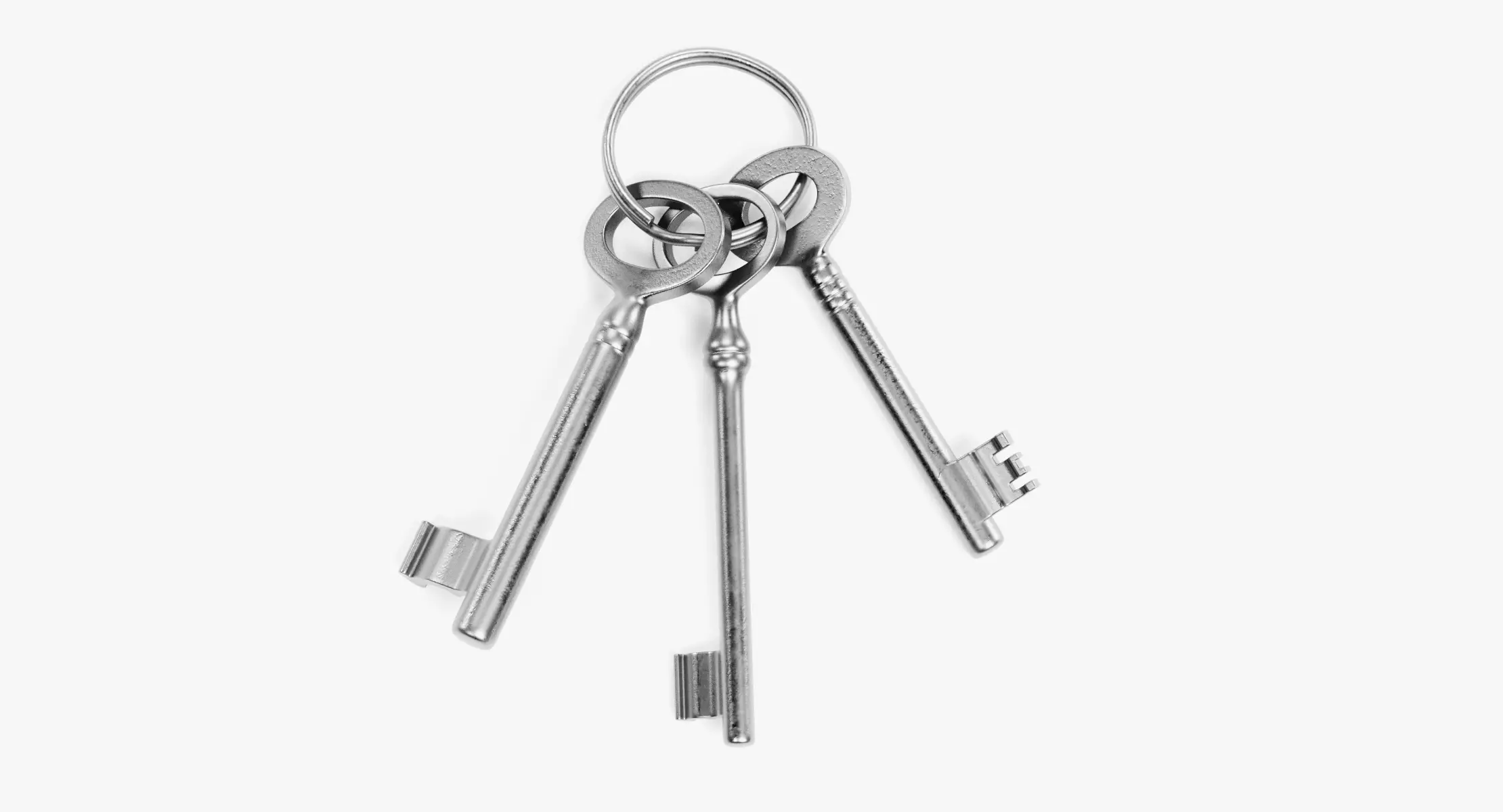 Set of New Keys - 3 Unique Skeleton Keys on Keychain Ring 3D model