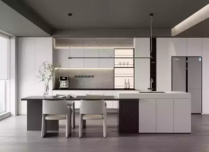Minimalist Luxury Open Kitchen With Island and Dining Area
