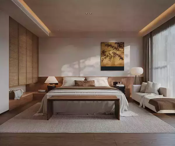 Modern Asian Twin-Bed Suite - Warm Wooden Japandi Bedroom