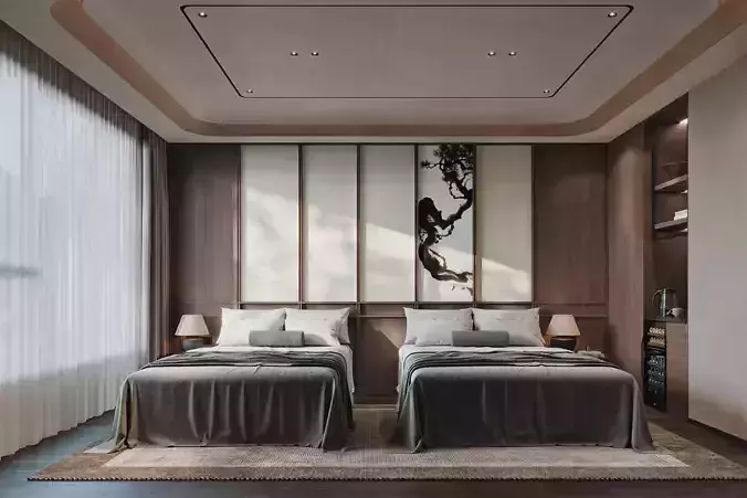 Modern Japanese Twin Hotel Bedroom Interior