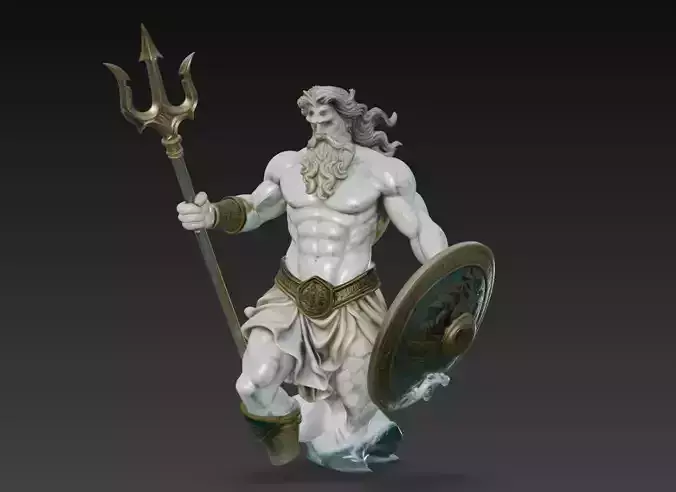 Poseidon with Shield - Greek Sea God Sculpture 3D Model