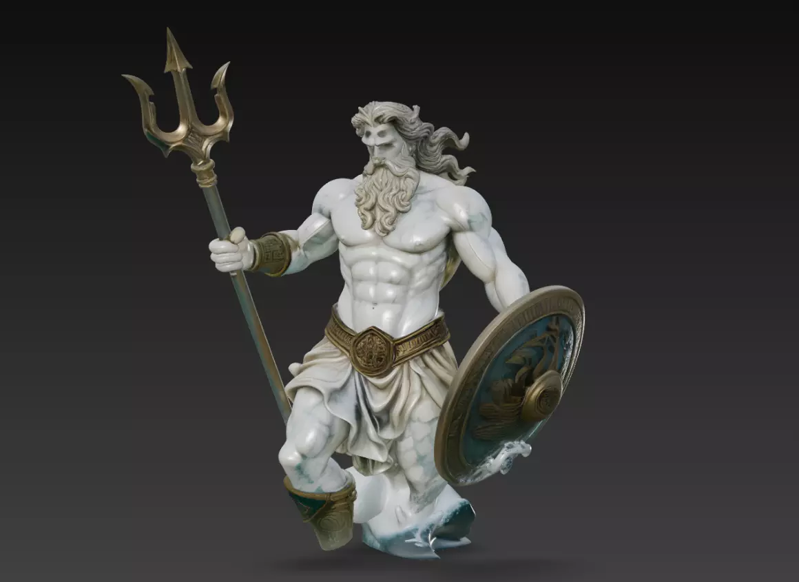 Poseidon with Shield - Greek Sea God Sculpture 3D Model 3D print model