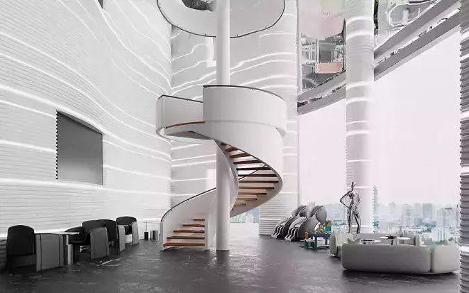 Futuristic Lobby With Sculptural Spiral Staircase