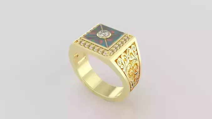 Luxury Men Square Signet Ring 3D Model - Filigree Detail