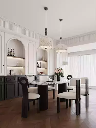 Modern French Classic Living Dining with Marble Fireplace