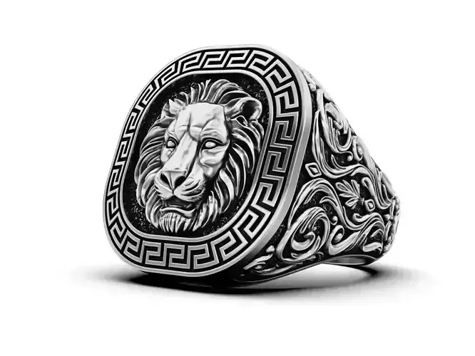 Royal Lion Head Signet Ring with Greek Key Pattern