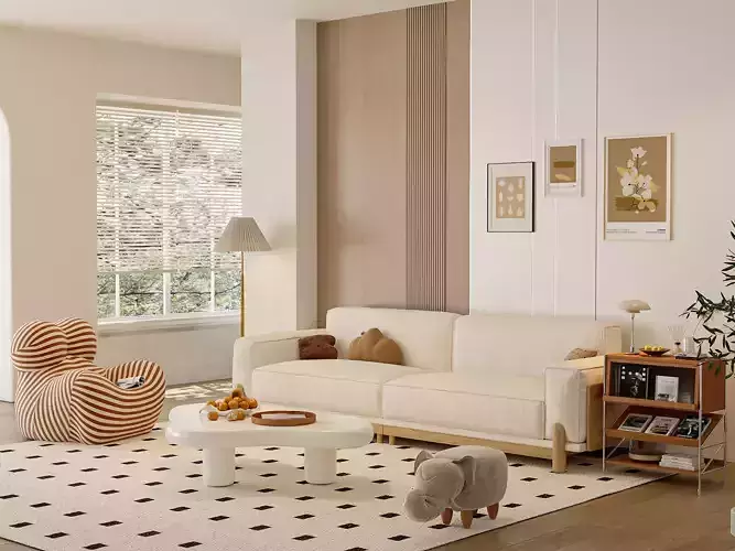 Cozy Cream Living Room With Striped Lounge Chair