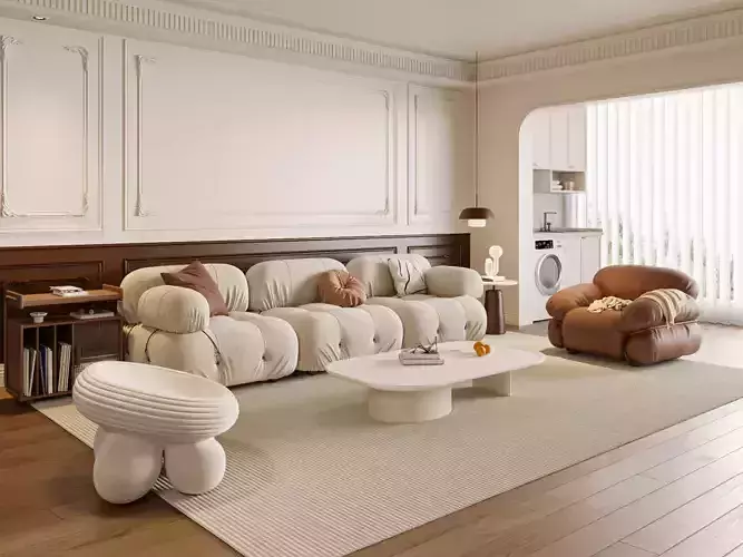 Cozy Modern French Living with Cloud Sofa and Warm Wood