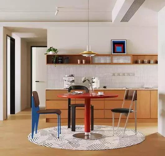 Colorful Modern Kitchen Dining Set with Red Round Table