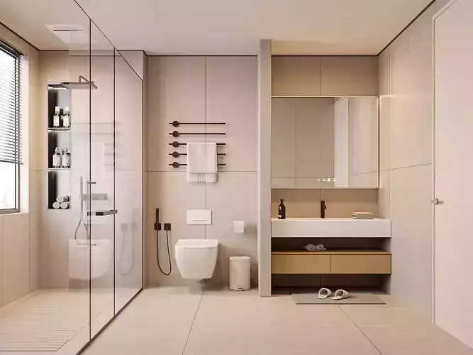 Modern Minimalist Beige Bathroom with Walk-In Shower