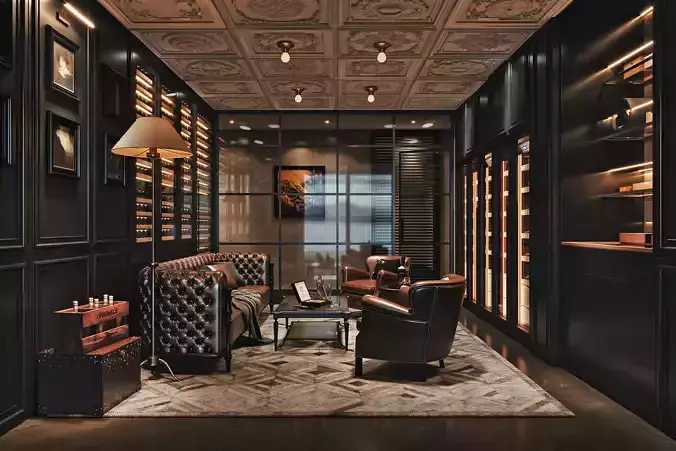 Luxury Cigar Lounge Interior with Chesterfield Sofa