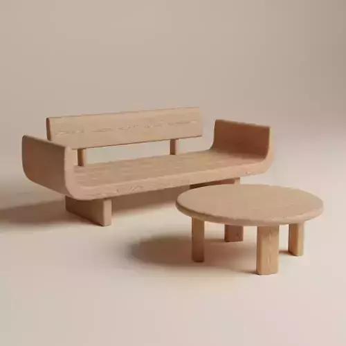 Wooden Chair and Circular Table 3D Model 