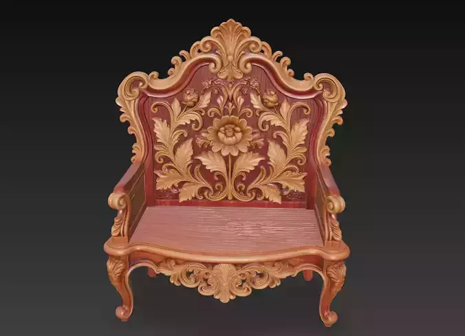 Ornamental Baroque Chair - Decorative Wood Carving 3D Model