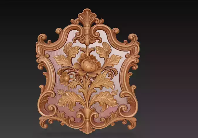 Baroque Floral Shield - Ornamental Wood Carving Relief