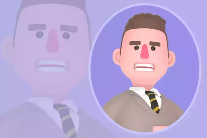 Stylized 3D Male Lawyer Holding Stomach - Cartoon Attorney