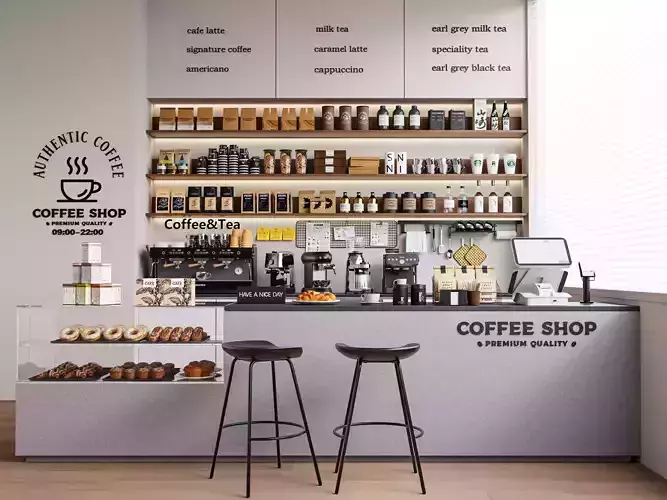 Modern Coffee Shop Counter Interior with Barista Equipment