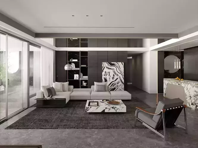 Modern Luxury Open-Plan Living Room with Marble Kitchen Island