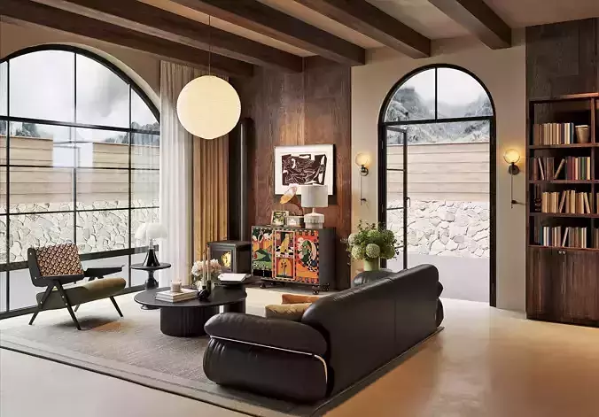 Cozy Rustic Living Lounge With Arched Openings