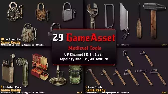 29 Medieval Tools Game-Ready