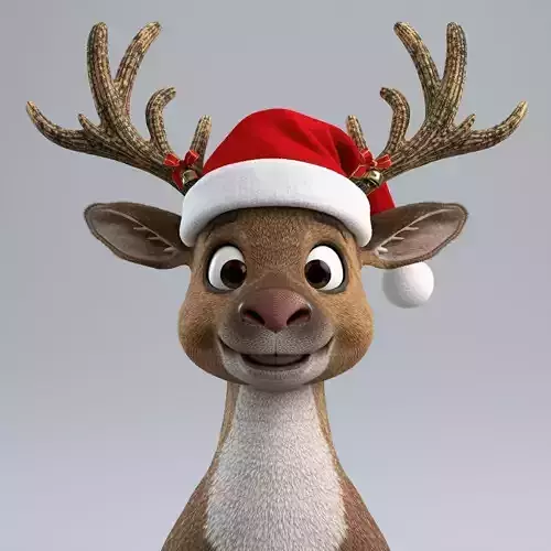 Cheerful Cartoon Reindeer with Santa Hat 3D Model