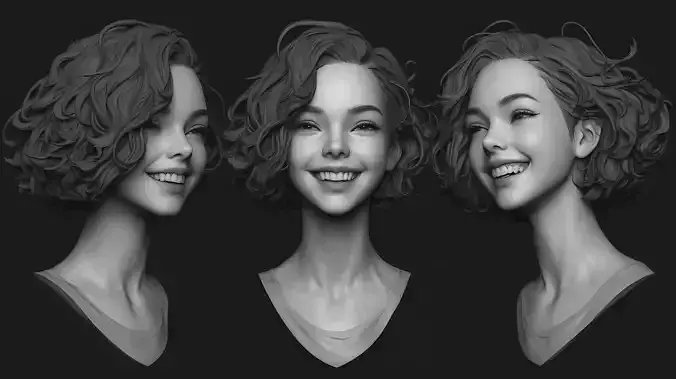 Female facial details head sculpture expression happy