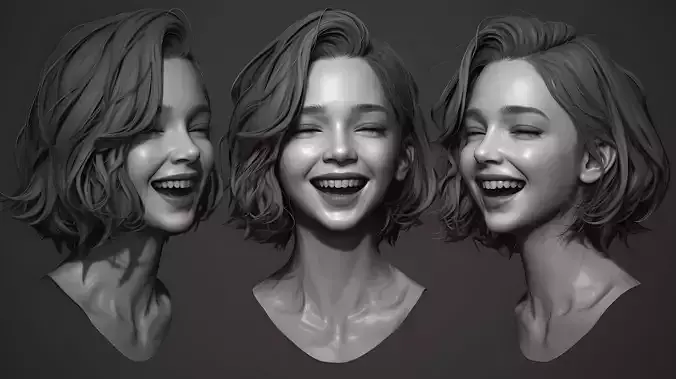 Female facial details head sculpture expression happy