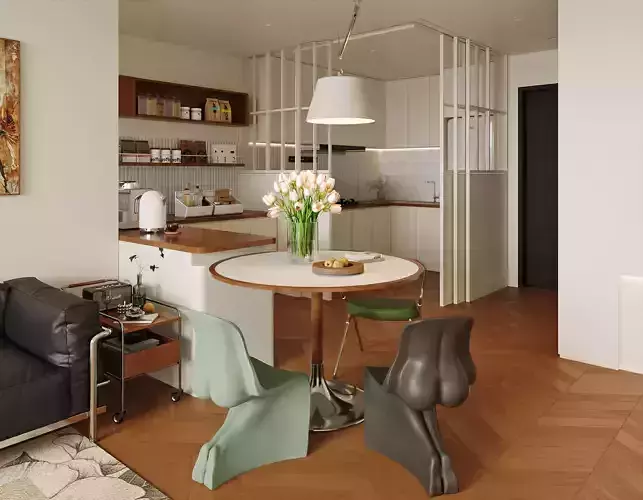 Scandinavian Japandi Kitchen and Living Area with Coffee Bar