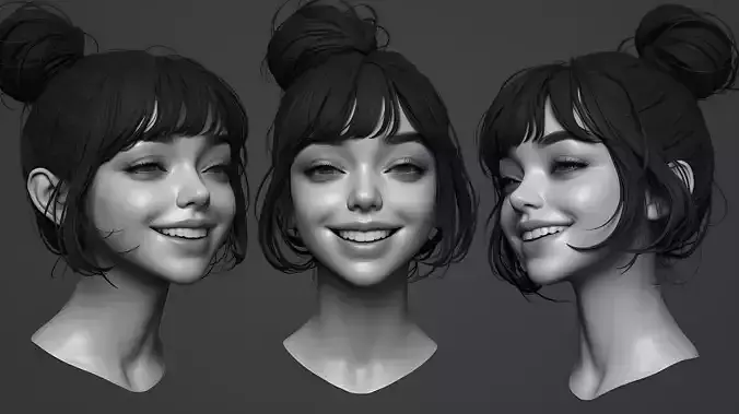 Female facial details head sculpture expression happy 3D model