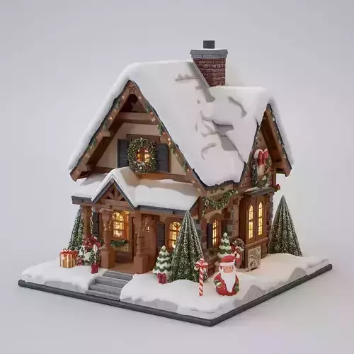 Snowy Rustic Christmas Cabin with Santa Figurine 3D Model