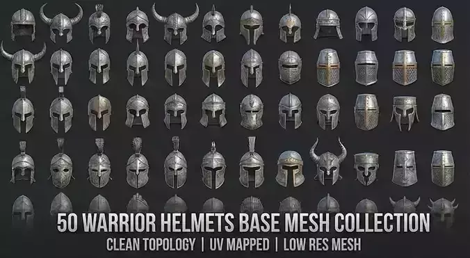 50 Warrior Helmet Base Mesh Pack Clean Topology UV Unwrapped