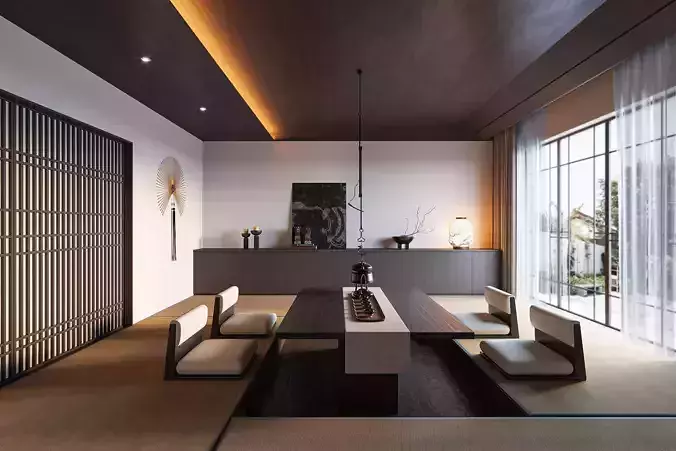 Japanese Zen Tea Room Interior with Tatami