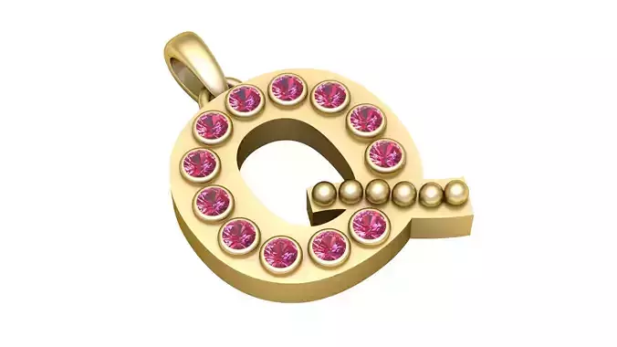 Q Initial Pendant  Gold Alphabet Pendant with Ruby Stones 