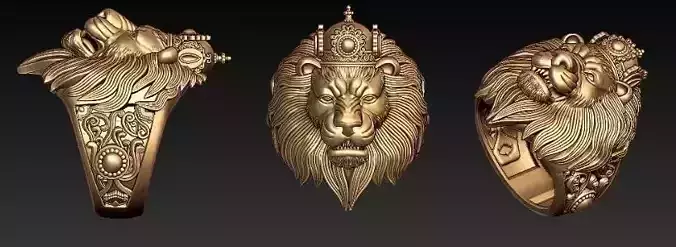 The Royal Lion King Ring CAD  Crowned Head Sculptural Masterwork