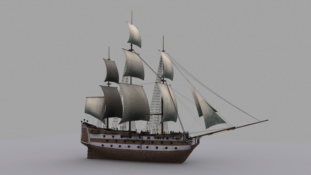 Frigate sailing ship Low-poly 3D model_2