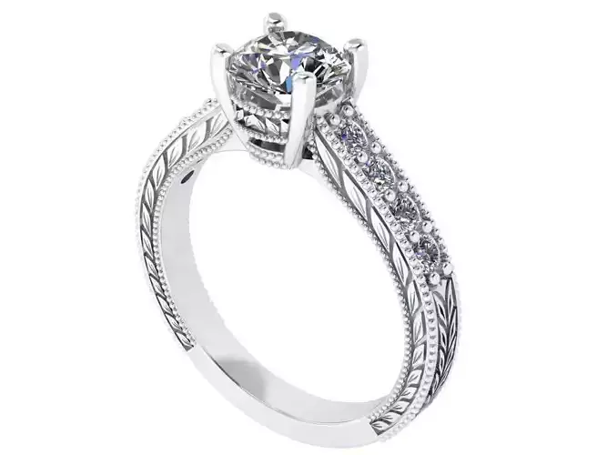 Round Solitaire With Filigree Side Band 3DM Vintage Style