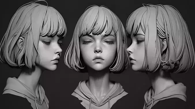 Female facial details head sculpture expression sadness sad