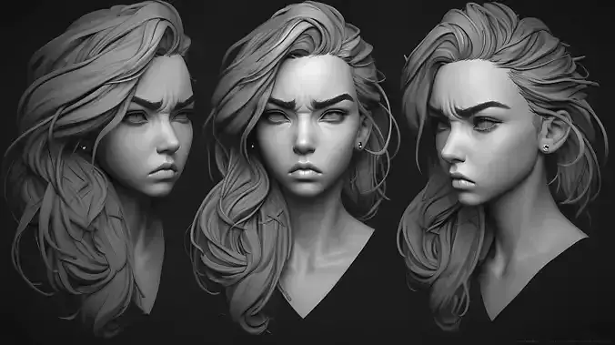 Female facial details head sculpture expression anger