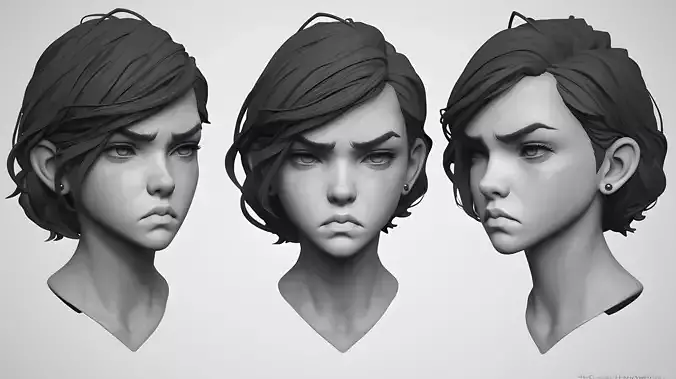 Female facial details head sculpture expression anger