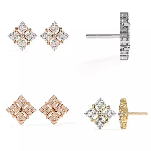Cushion Floral Diamond Stud Earrings STL 3DM CAD Model