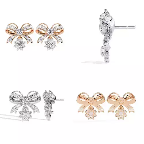 Bow Floral Diamond Drop Stud Earrings  STL 3DM CAD Model