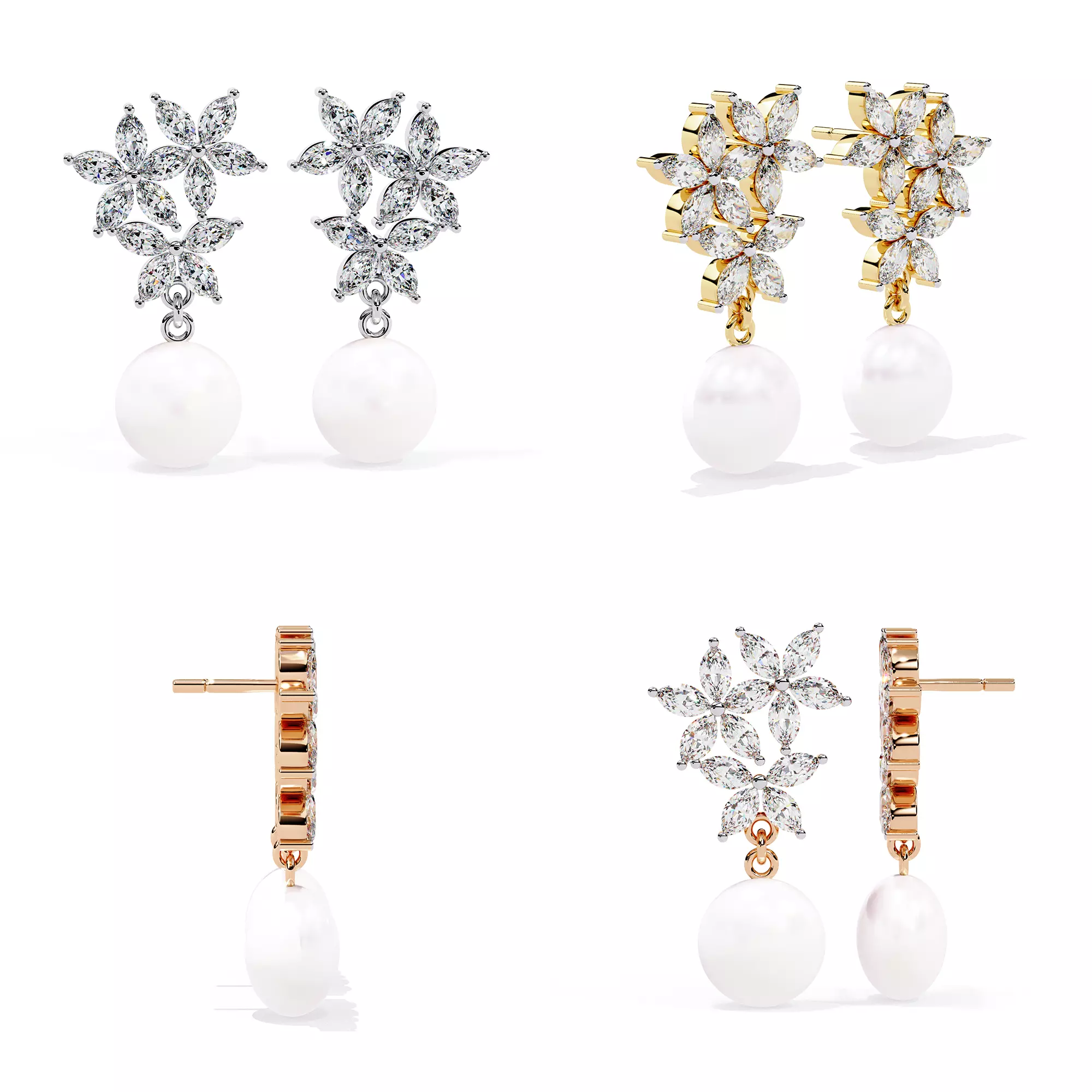 Floral Diamond Pearl Drop Earrings STL 3DM CAD Model 3D print model