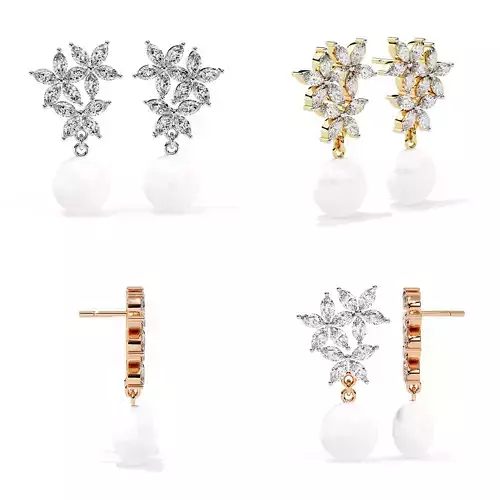 Floral Diamond Pearl Drop Earrings STL 3DM CAD Model