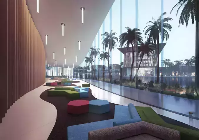 Modern Waterfront Lobby with Panoramic Glass and Palm View