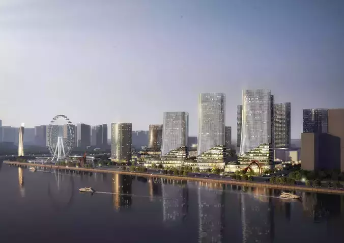 Riverfront Cityscape with Mixed-Use Towers and Ferris Wheel