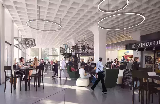 Modern Office Tower with Public Park and Lively Ground Floor