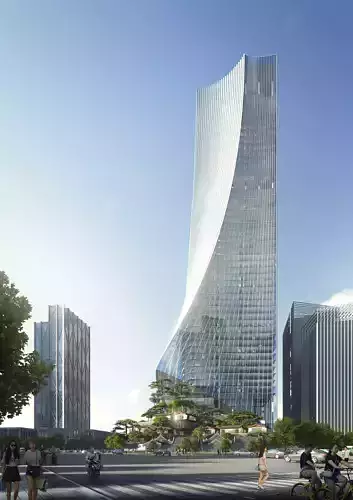 Curved Glass Skyscraper with Terraced Asian Garden Podium