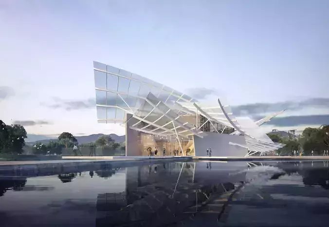 Sculptural Glass Landmark Pavilion on Reflective Water