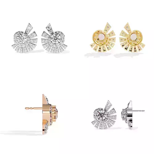 Sunburst Spiral Diamond Stud Earrings CAD Model