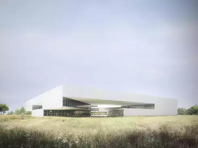 Minimalist Cultural Center Hall with Grand Wooden Steps