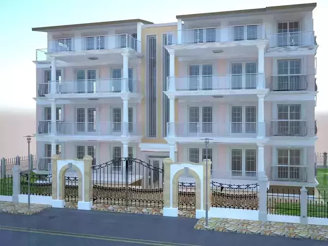 3d model apartment building with balconies and gate
